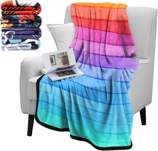 Fuzzy Flannel Throw Blankets, Soft Blankets and Throws, Striped Watercolor Bright Colors Rainbow Print Decorative Throw Blankets for Couch, 60"X80"