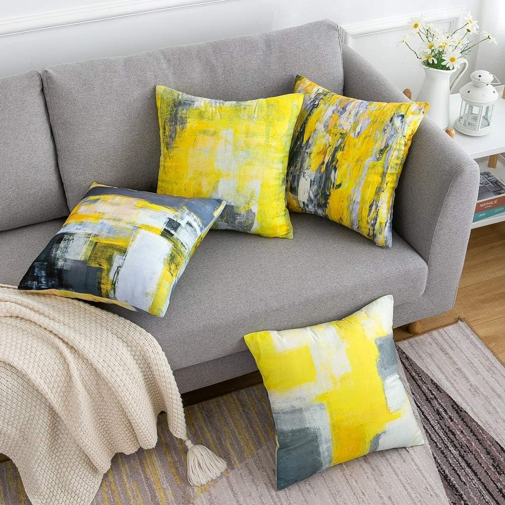 Throw Pillow Covers Yellow Throw Pillows Accent Pillow Covers Paint Set of 4 Cushion Case Yellow and Grey Decorative Yellow Pillows for Couch Sofa Living Room Bedroom 18 X 18 Inch