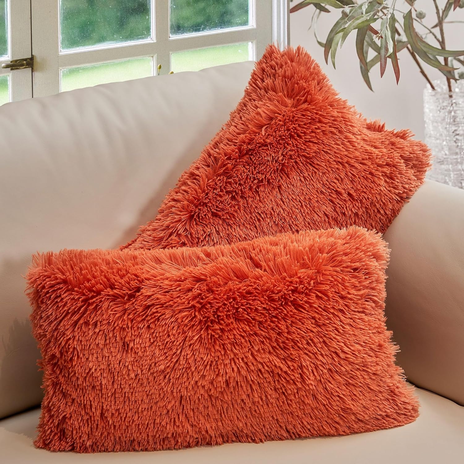 Throw Pillows for Couch and Bed, Soft Shaggy Throw Pillows with Inserts Included, Cozy Long Hair Faux Fur Pillows - Set of 2-12" X 20" - Rust Orange