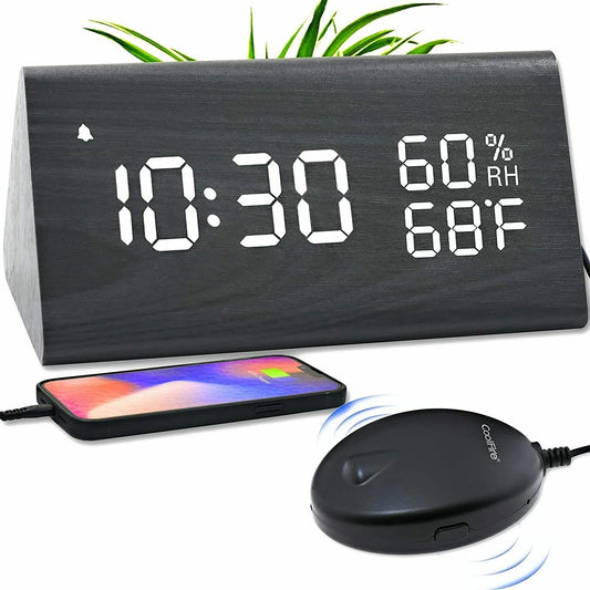 Coolfire Wooden Vibrating Alarm Clock for Heavy Sleepers Adults, Wake Loud Alarm Clock for Heavy Sleepers, Bed Shaker Alarm Clock, Smart Alarm Clock (Black)
