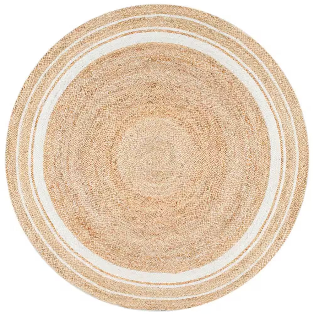 Rikki Braided Border Jute Off-White 8 Ft. Farmhouse round Living Room/Bedroom/Dining Room Area Rug