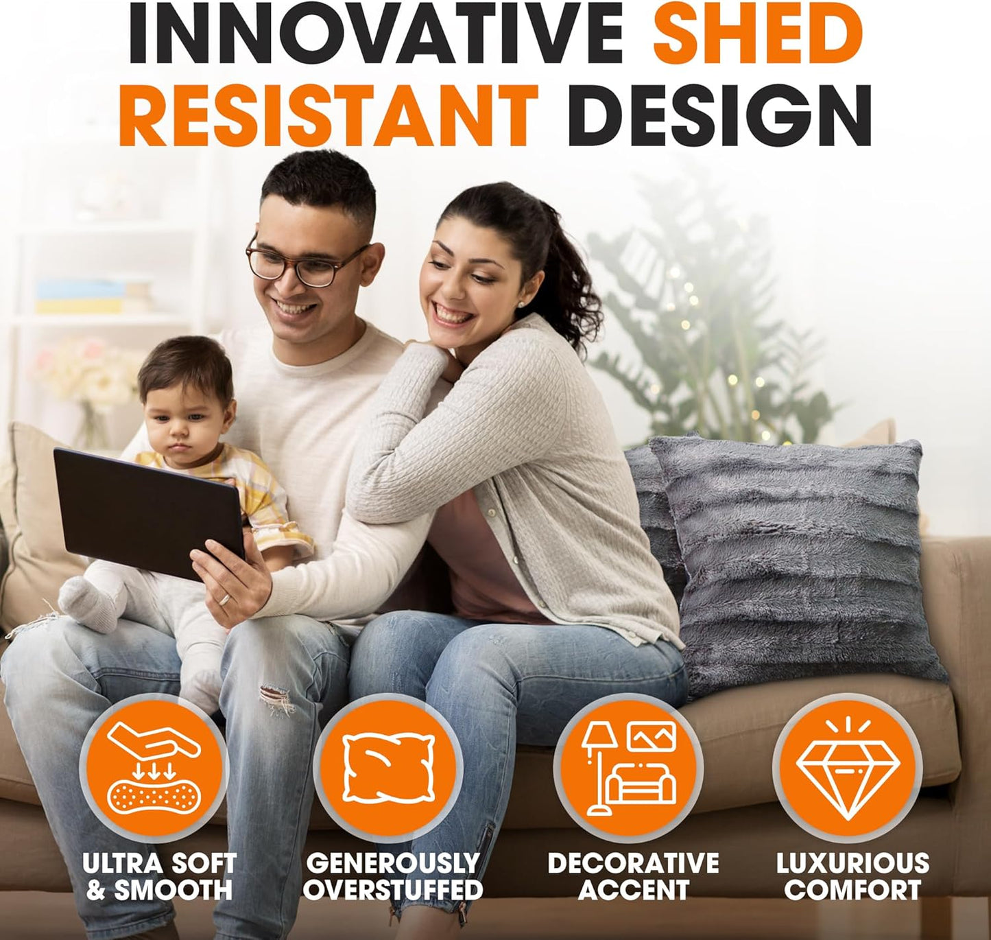 Faux Fur Throw Pillows - Decorative Pillows for Couch, Bed Throw Pillows, Grey Accent Pillows for Bedroom or Living Room Aesthetic, Set of 2 Furry Throw Pillows, 18”X18”