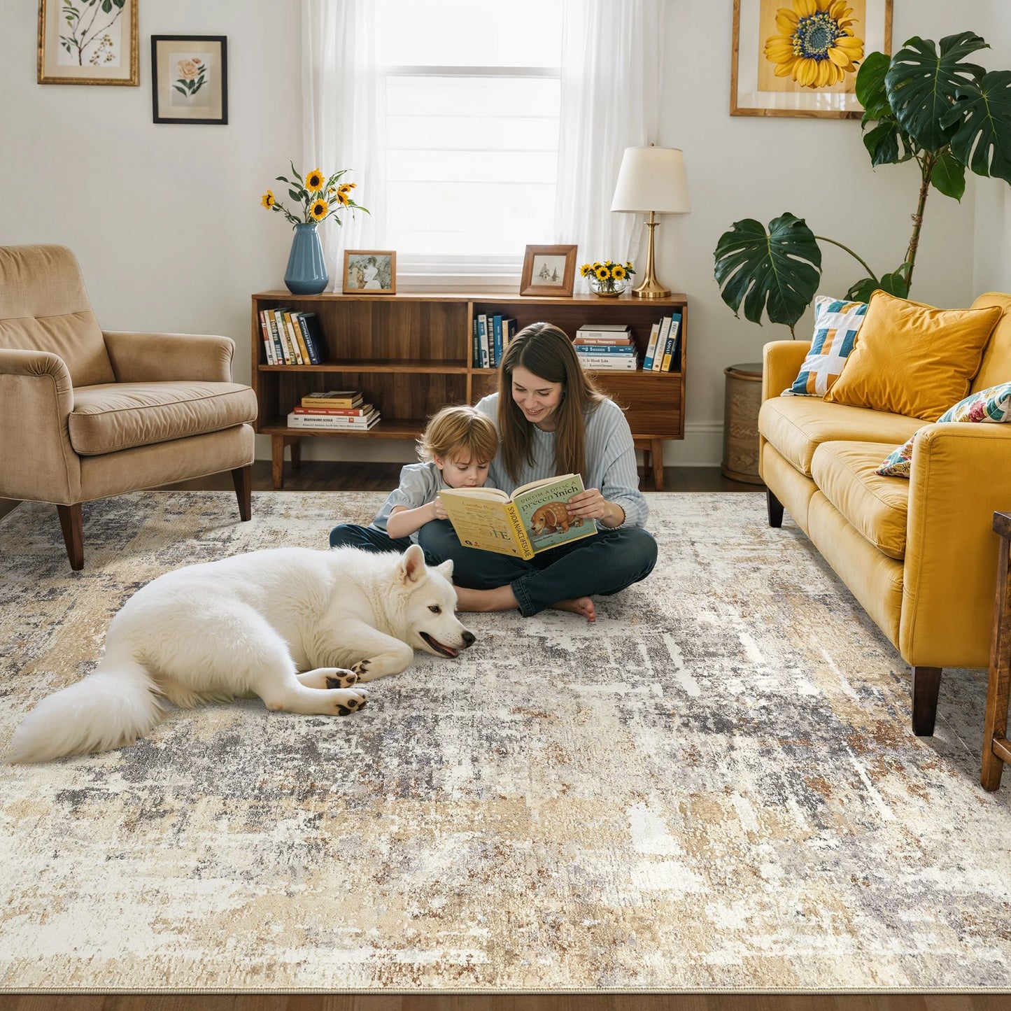 8'X10' Washable Area Rugs for Living Room, Modern Abstract Printed Carpet, Non Slip Indoor Rug for Bedroom Home Decor Carpets, Grey Gold