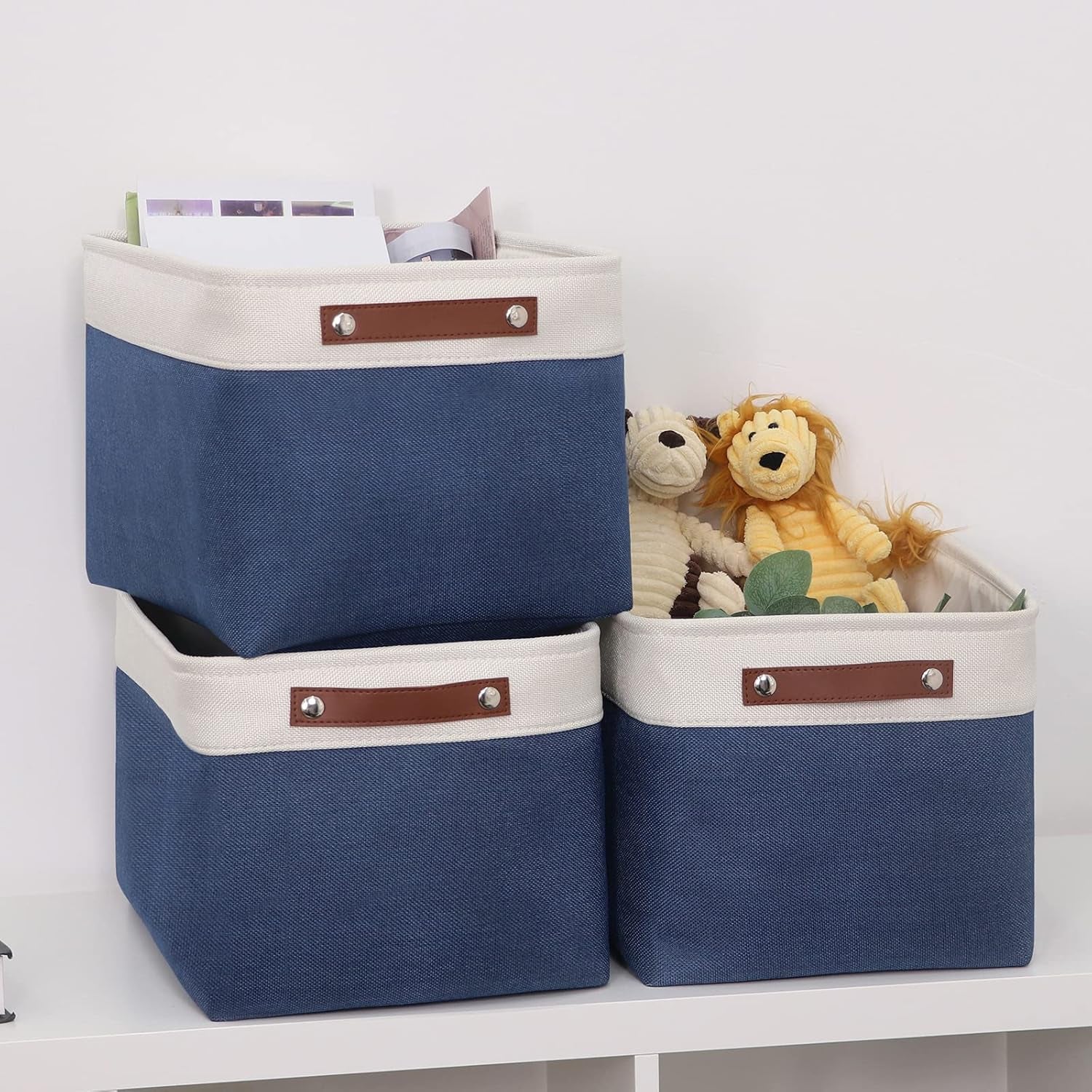 Large Storage Baskets for Shelves(3 Pack) Fabric Toy Basket with Leather Handles, Decorative Foldable Storage Baskets (White&Blue,15" X 11" X 9.5")