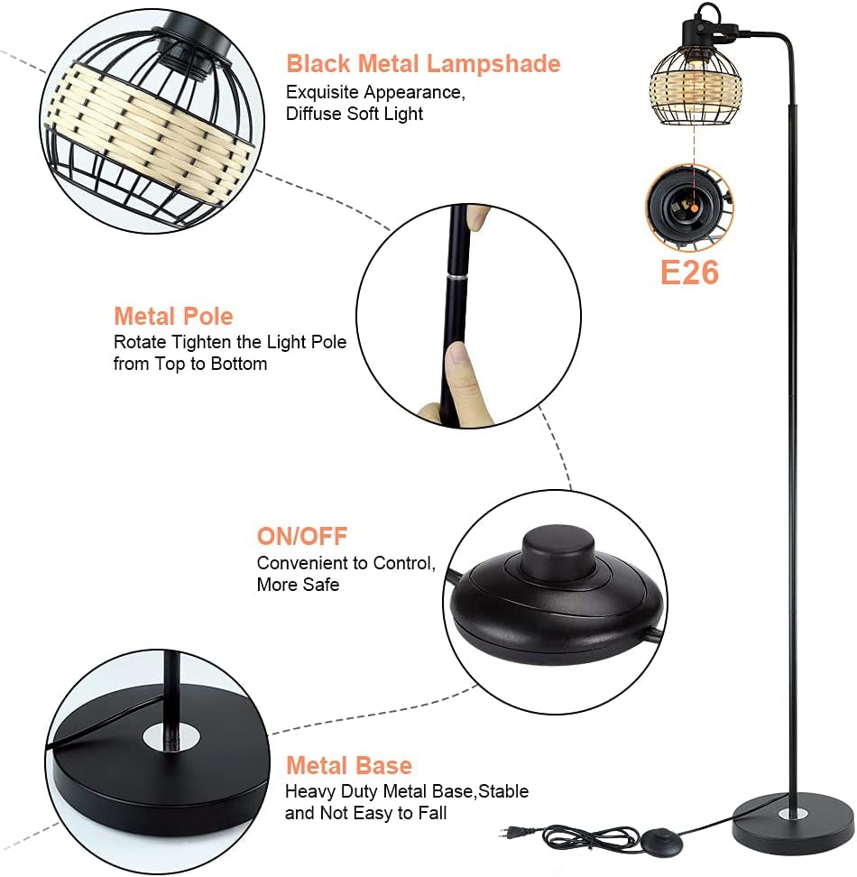 DLLT LED Floor Lamp, Adjustable Head Standing Lamp with Heavy Metal Based, Farmhouse Tall Rattan Floor Lamps Reading Lighting for Living Room, Bedroom, Study Room, Office, 8W 3000K E26 Bulb Included