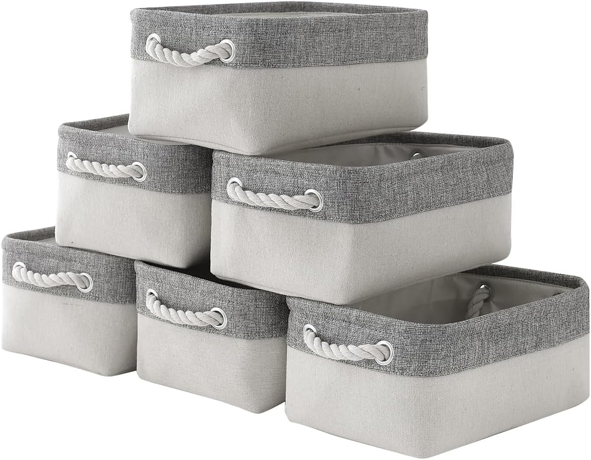 Basket for Organizing Cube Stgorage Bin - Small 6 Pack Fabric Storage Cubes Collapsible Baskets for Shelves with Rope, Bins for Organization Closet Cloth Toy Laundry Canvas (Grey&White 12X8X5.2 Inch)