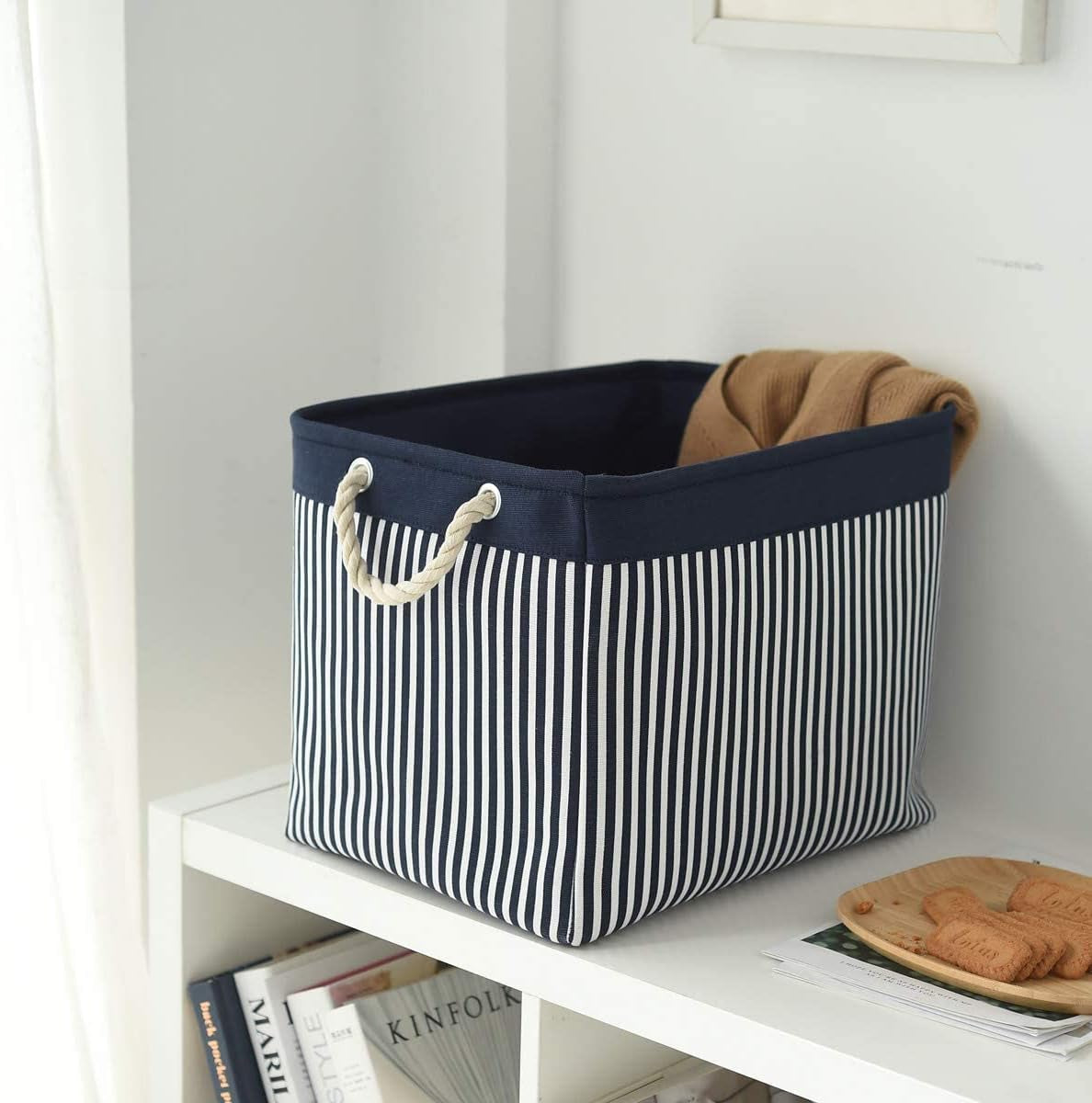 Organization and Storage Basket for Shelves - Large 2 Pack 16X12X12 Inch Fabric Storage Cubes, Collapsible Storage Bins for Gift Closet Cloth Toy Books Kids (Navy Patchwork)
