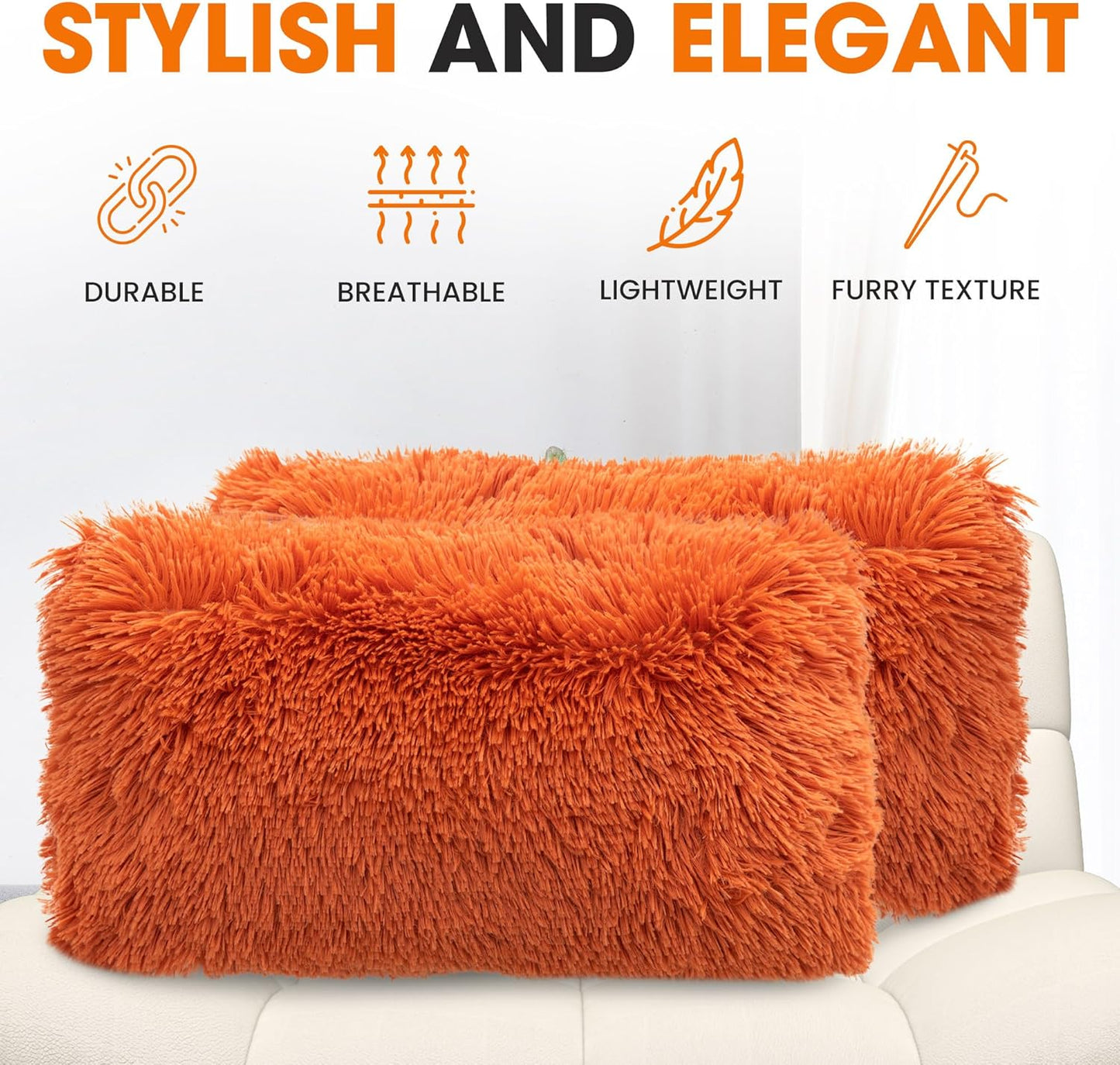 Throw Pillows for Couch and Bed, Soft Shaggy Throw Pillows with Inserts Included, Cozy Long Hair Faux Fur Pillows - Set of 2-12" X 20" - Rust Orange