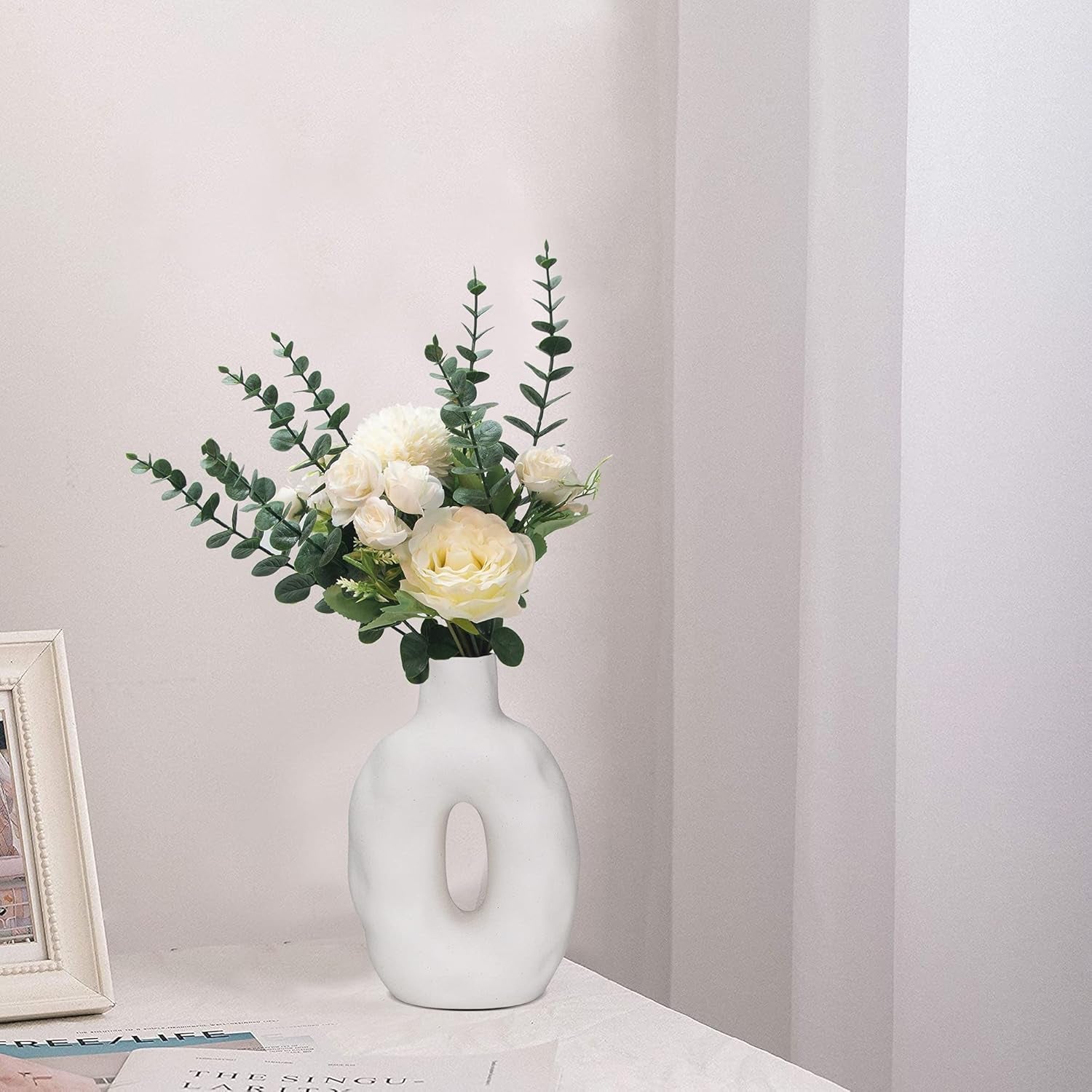 Ceramic Vase for Home Decor, Modern White Vase for Mantel, Living Room, Office, Table and Wedding Decorative