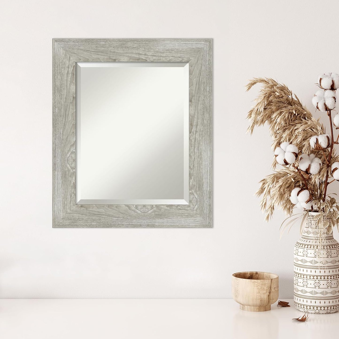 Grey Wall Mirror 26X22 Dove Greywash Rectangle Bathroom Mirror for Wall Decor Living Room, Small Rustic Farmhouse Frame, Hangs Horizonally and Vertically, Bathroom Decor, Beveled Edge