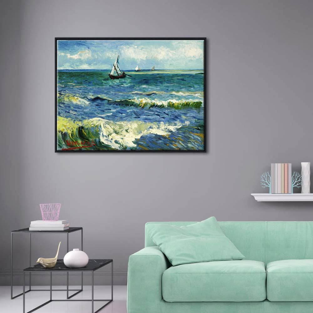 Framed Art Prints Seascape at Saintes Maries by Vincent Van Gogh Modern Canvas Prints Sea Pictures on Canvas Wall Art for Living Room Home Decorations Black Frame