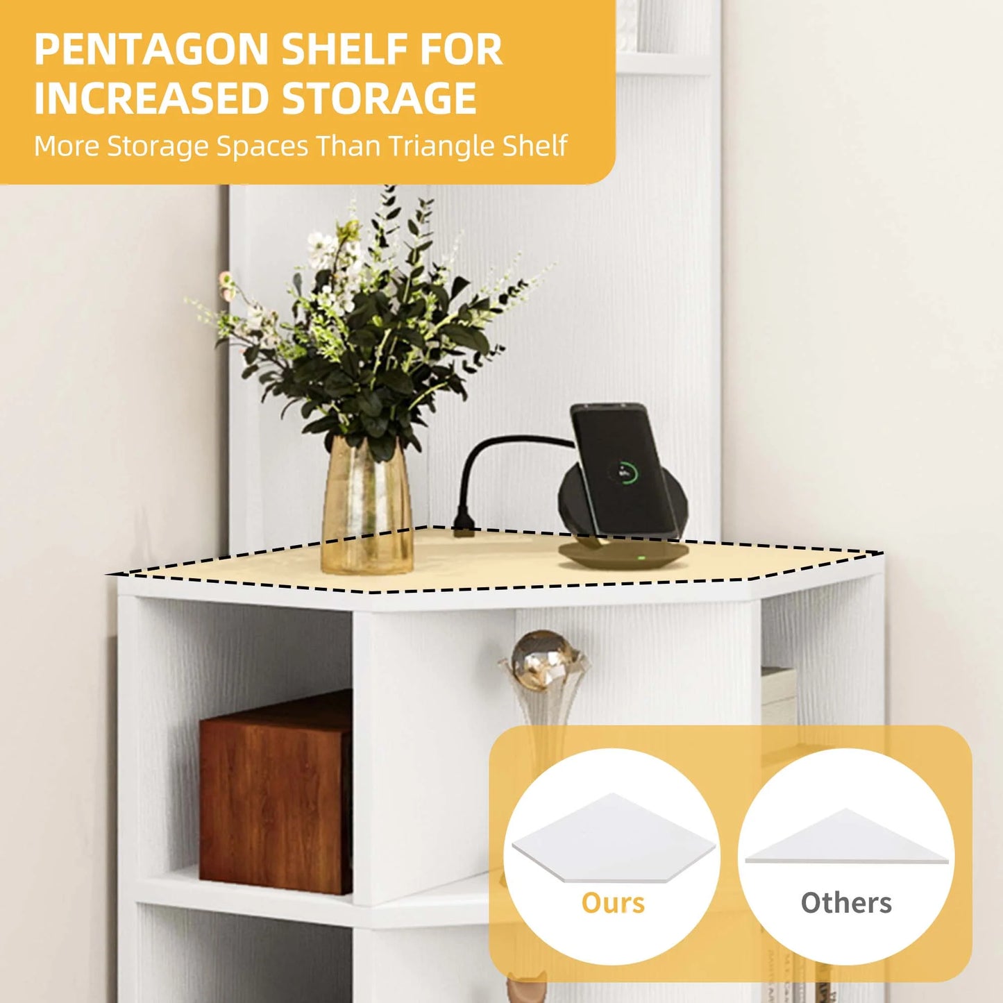 5-Tier Corner Shelf with 9 Cube, Wooden Display Bookcases Bookshelf with USB Ports, White