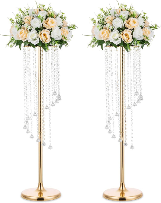 2 Pcs 35.4Inch Tall Wedding Centerpieces Gold Vases Crystal Flower Vase Metal Flowers Stand for Party Tables Decorations - Elegant Bulk Weddings Decoration Table Chandelier Centerpiece Stands