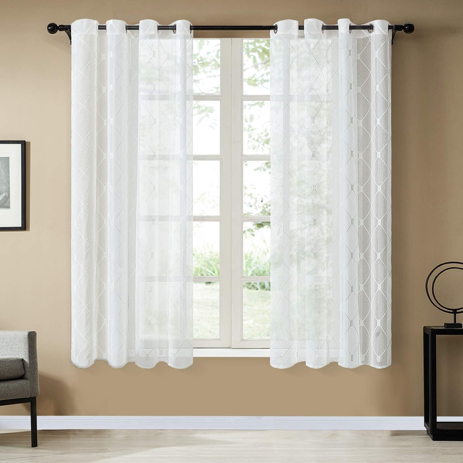l White Sheer Curtains 63 Inch Length Embroidered Diamond Grommet Window Curtains for Living Room Bedroom, 2 Panels