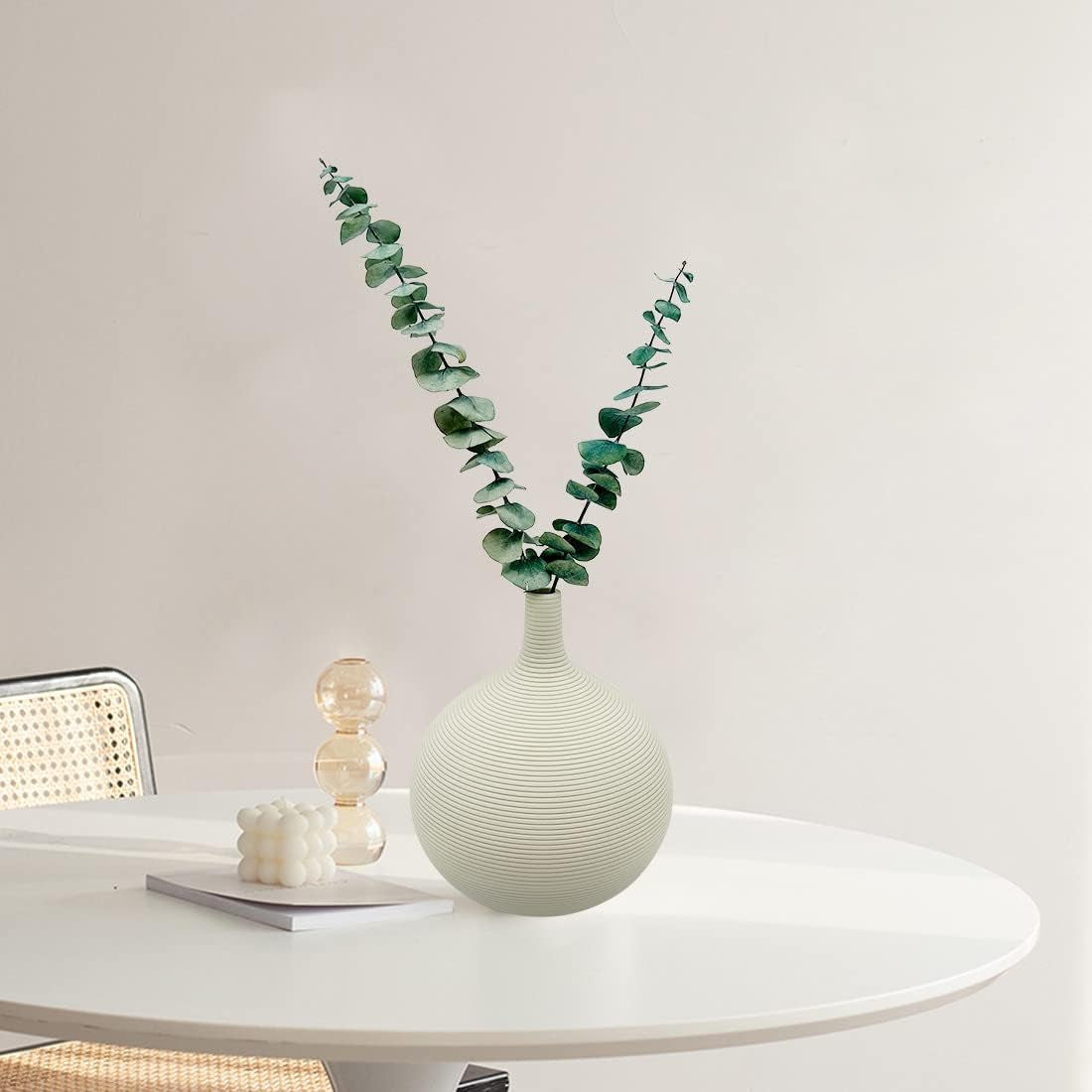 Narrow Neck Matte White Ceramic Vase,Small round Textured Geometric Bud Flower Vase for Centerpieces Decor(6.18”)