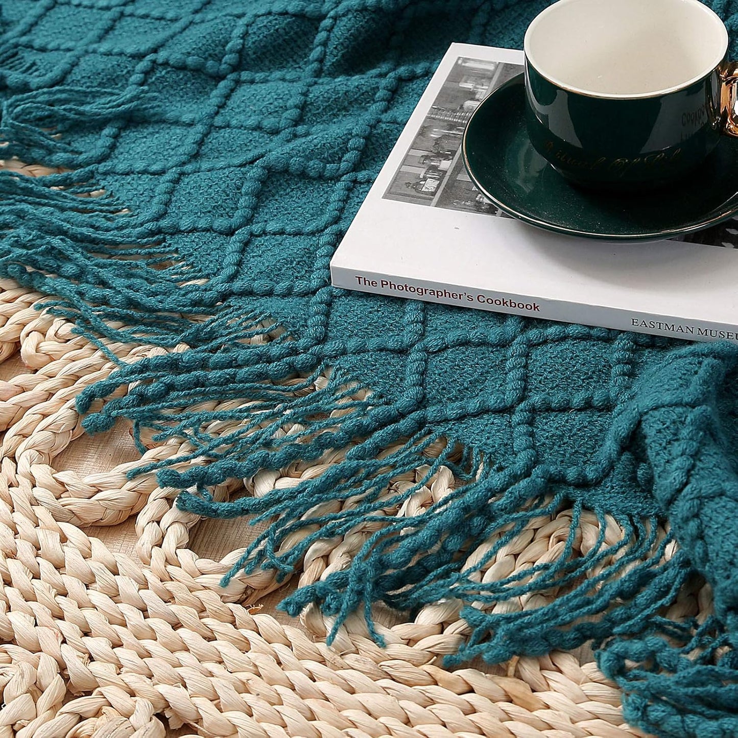 Teal Throw Blankets, Knit Throw Blanket, Boho Throw Blanket for Couch,Bed, Farmhouse Throw Blanket, Lightweight Woven Throw Blanket, Decorative Throw Blanket (50"X60")