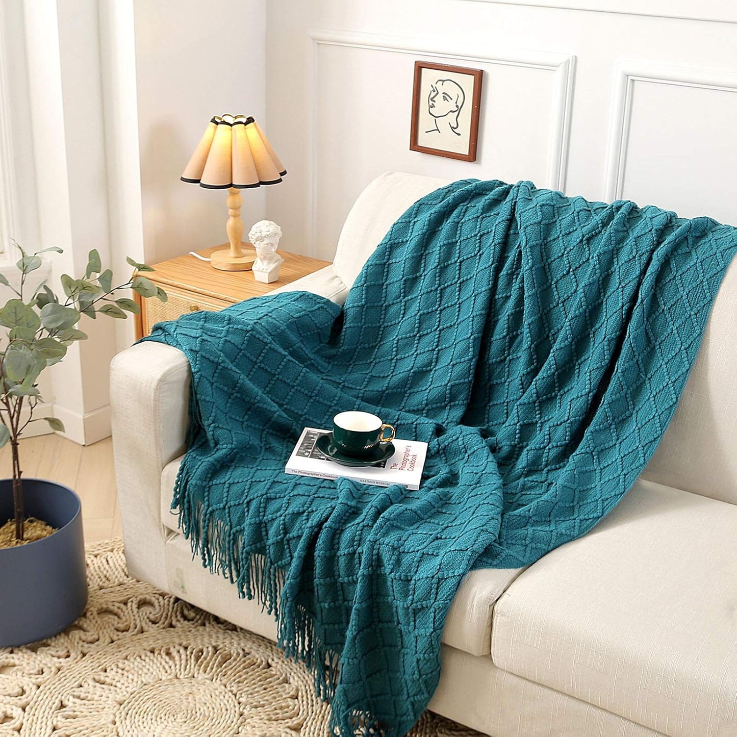 Teal Throw Blankets, Knit Throw Blanket, Boho Throw Blanket for Couch,Bed, Farmhouse Throw Blanket, Lightweight Woven Throw Blanket, Decorative Throw Blanket (50"X60")