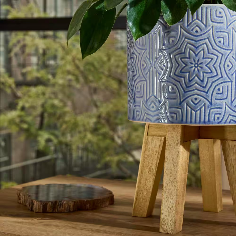 6.6 In. Constance Small Star Textured Blue Ceramic Planter (6.6 In. D X 9 In. H) with Wood Stand