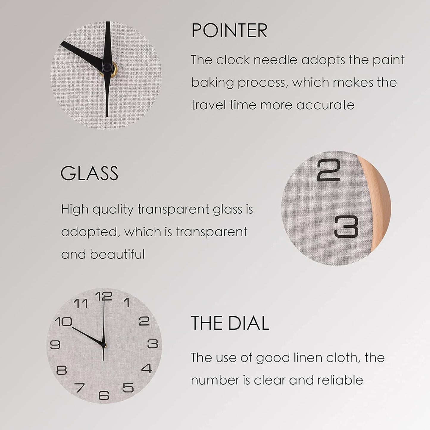 12-Inch Wall Clock, Wooden Frame Wall Clock, Fine Wooden Frame and Linen Wall Clock, Battery-Powered, Silent Wall Clock, Home/Office/School Clock（Gray