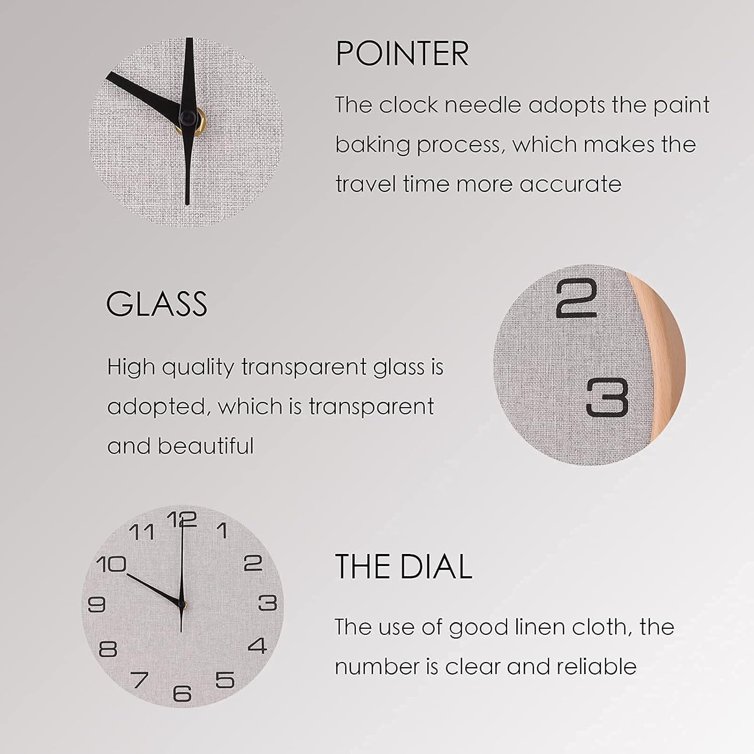 12-Inch Wall Clock, Wooden Frame Wall Clock, Fine Wooden Frame and Linen Wall Clock, Battery-Powered, Silent Wall Clock, Home/Office/School Clock（Gray