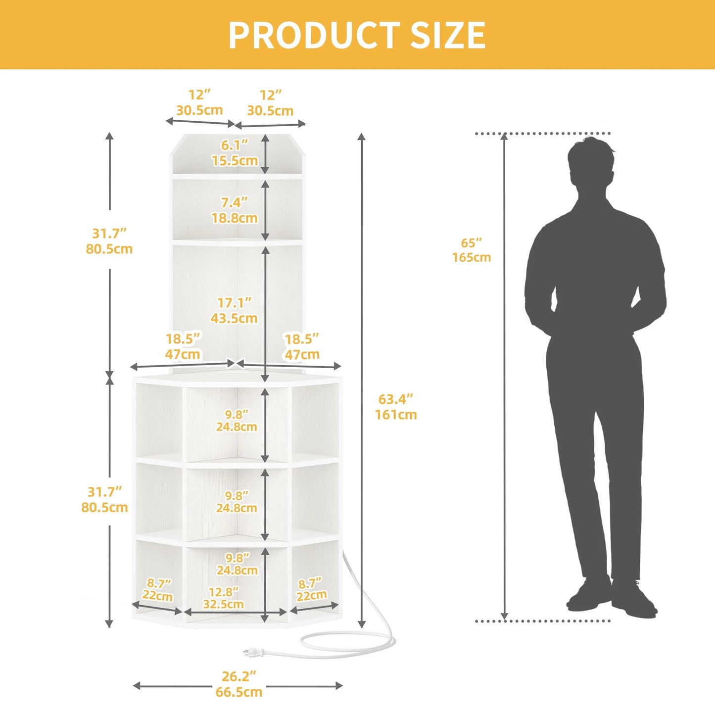 5-Tier Corner Shelf with 9 Cube, Wooden Display Bookcases Bookshelf with USB Ports, White