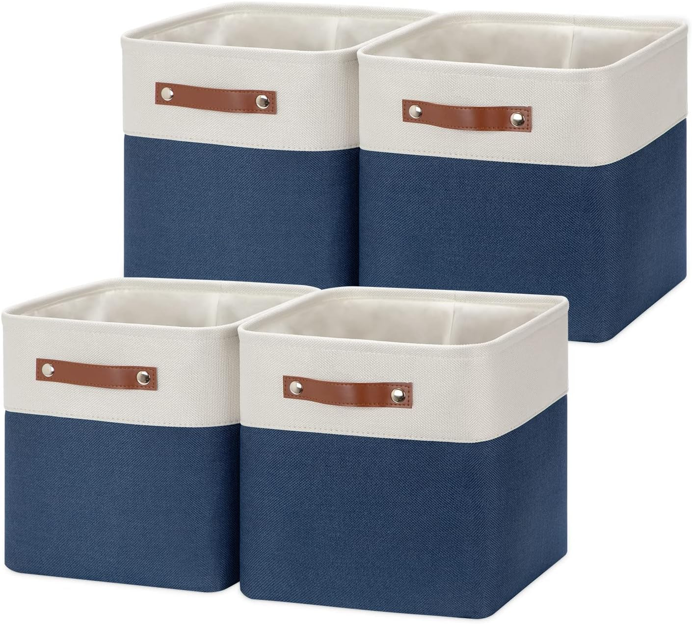 Fabric Cube Storage Bins Basket Set of 4, Closet Storage Cubes with Handles, Organizing Home Office (White Blue)