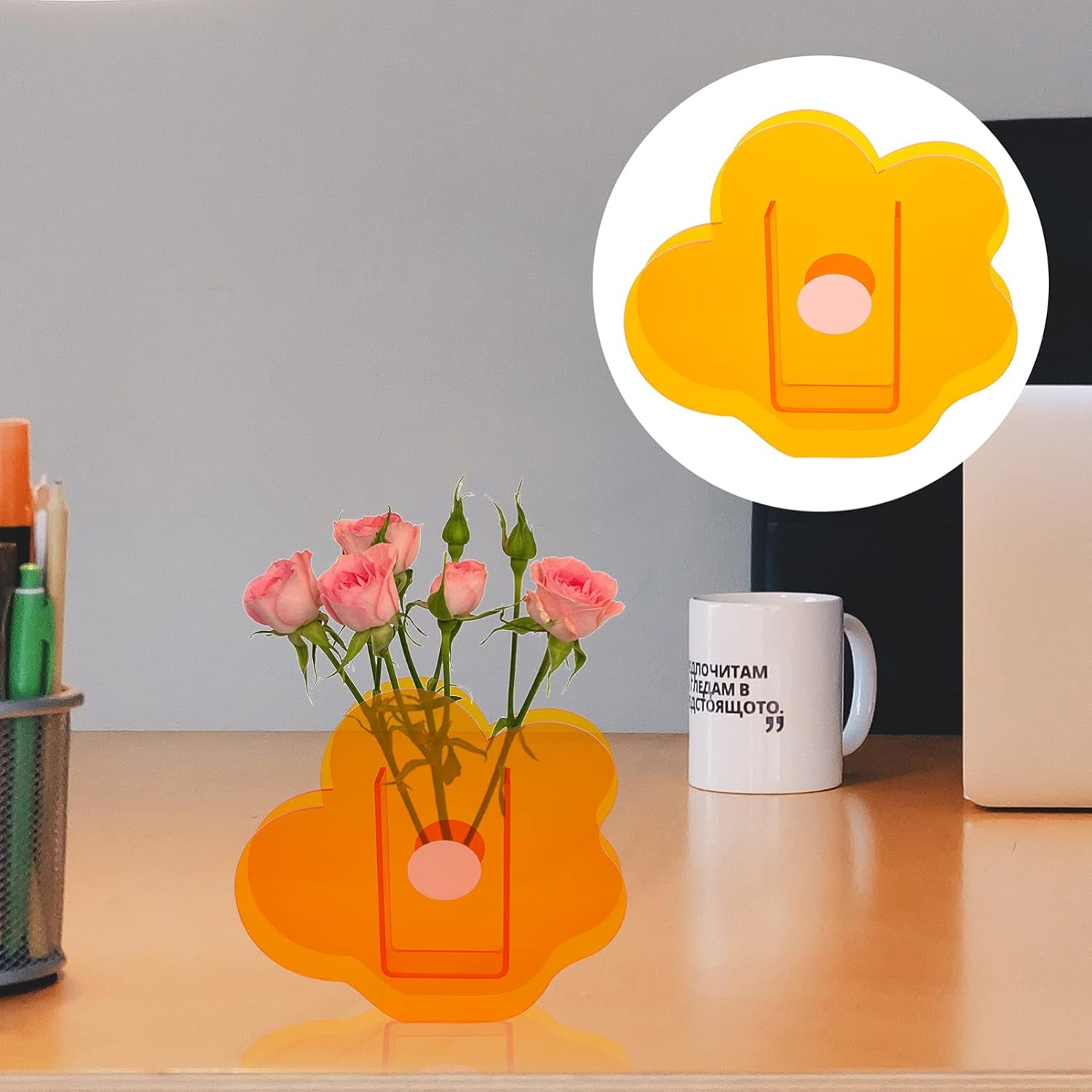 Acrylic Cloud Shaped Flower Vase Make up Brush Pen Holder Elegant Modern Contemporary Design Vase for Home Office Wedding Decor (Orange)