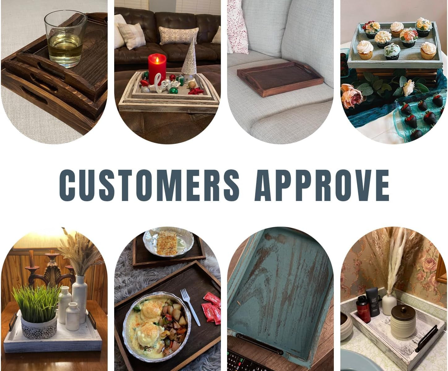 Serving Trays Set of 3 - Ottoman Wood Trays for Entertainment, Food and Decor - Rustic Farmhouse Distressed Wood Finish - Brown