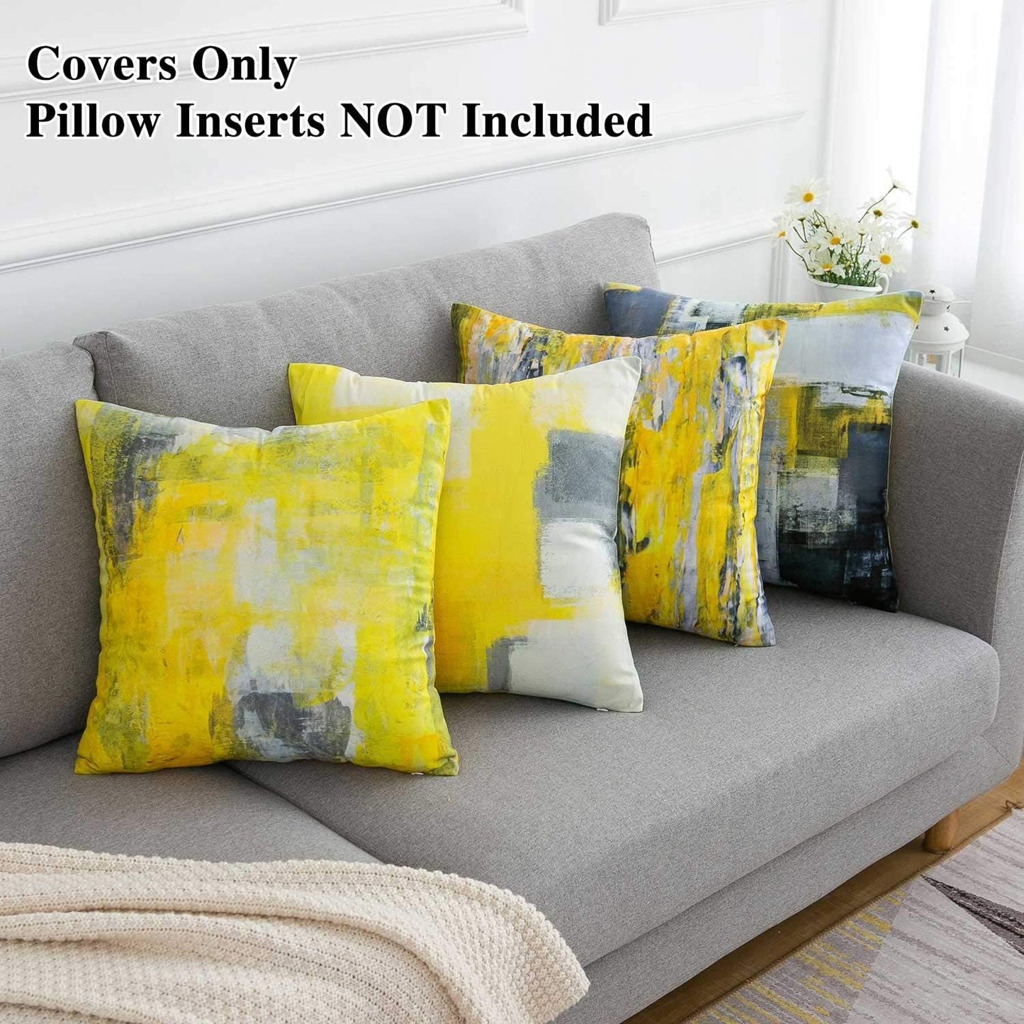 Throw Pillow Covers Yellow Throw Pillows Accent Pillow Covers Paint Set of 4 Cushion Case Yellow and Grey Decorative Yellow Pillows for Couch Sofa Living Room Bedroom 18 X 18 Inch