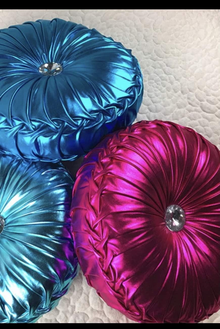 Tresshouse European round Throw Pillows, Soft Spandex Fabric Pumpkin Pleated Handmade Metallic Accent Circle Insert Cushion Diamond to Enhance for Sofa Bedroom Livingroom Couch Cover Chair Pink