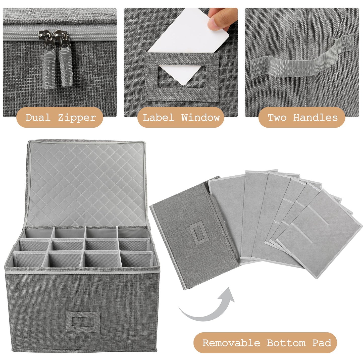 Stemware Storage Container, Quilted Linen Stackable Wine Glass Storage Box,Hard Shell,Grey