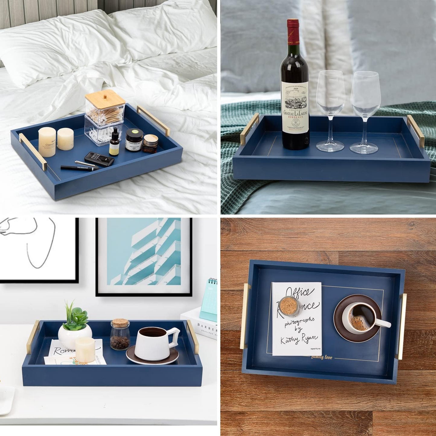 Decorative Coffee Table Ottoman Trays Modern Wood Elegant 16"X12" Rectangle Glossy Shagreen Serving Trays with Champagne Gold Handles -Drinks, Liquor Serving Platter for All Occasion'S(Blue)