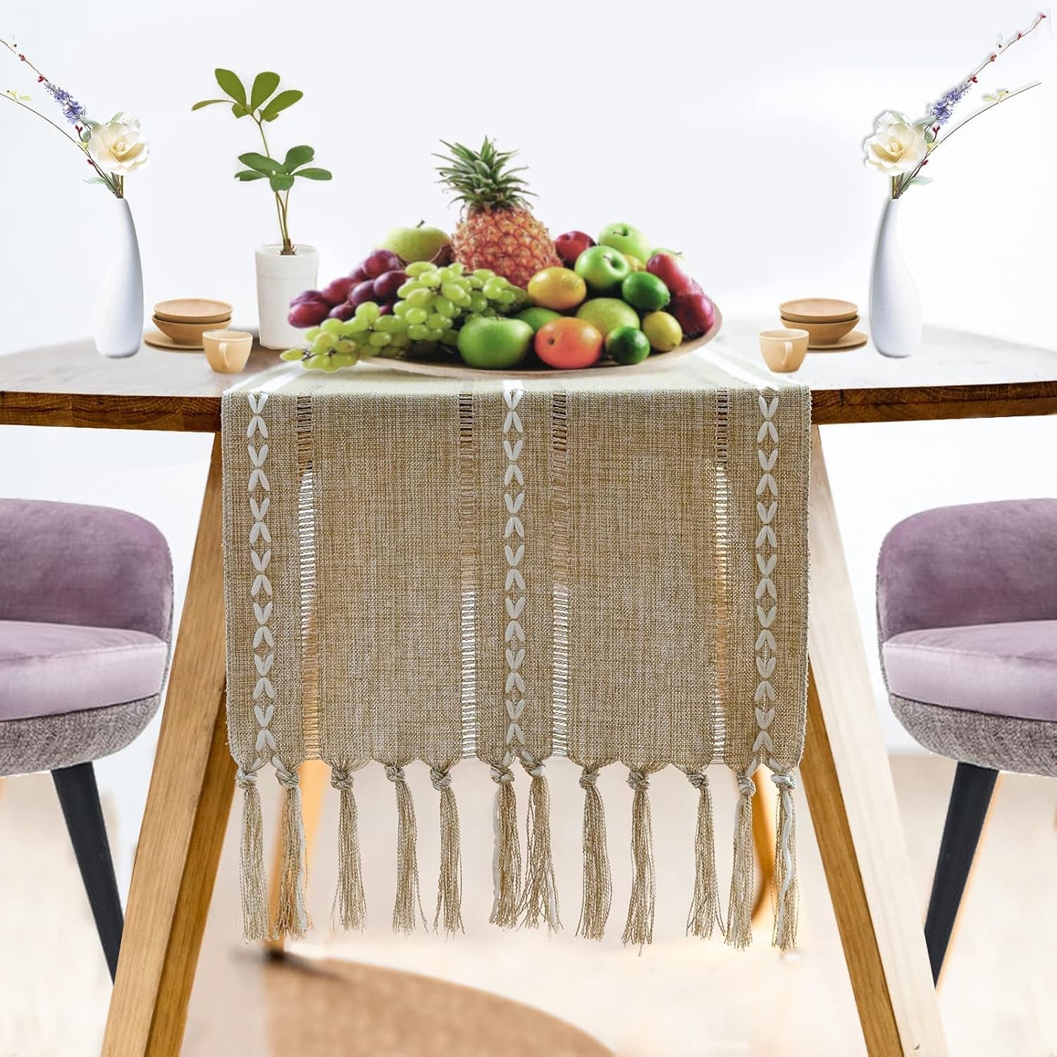 Rustic Linen Table Runner, Farmhouse Burlap Table Runners Hemstitched Long Table Runner Macrame Table Runners with Handmade Tassel Boho Burlap Runner for Dresser Party Dining Room Decor 13 X 70.8 Inch