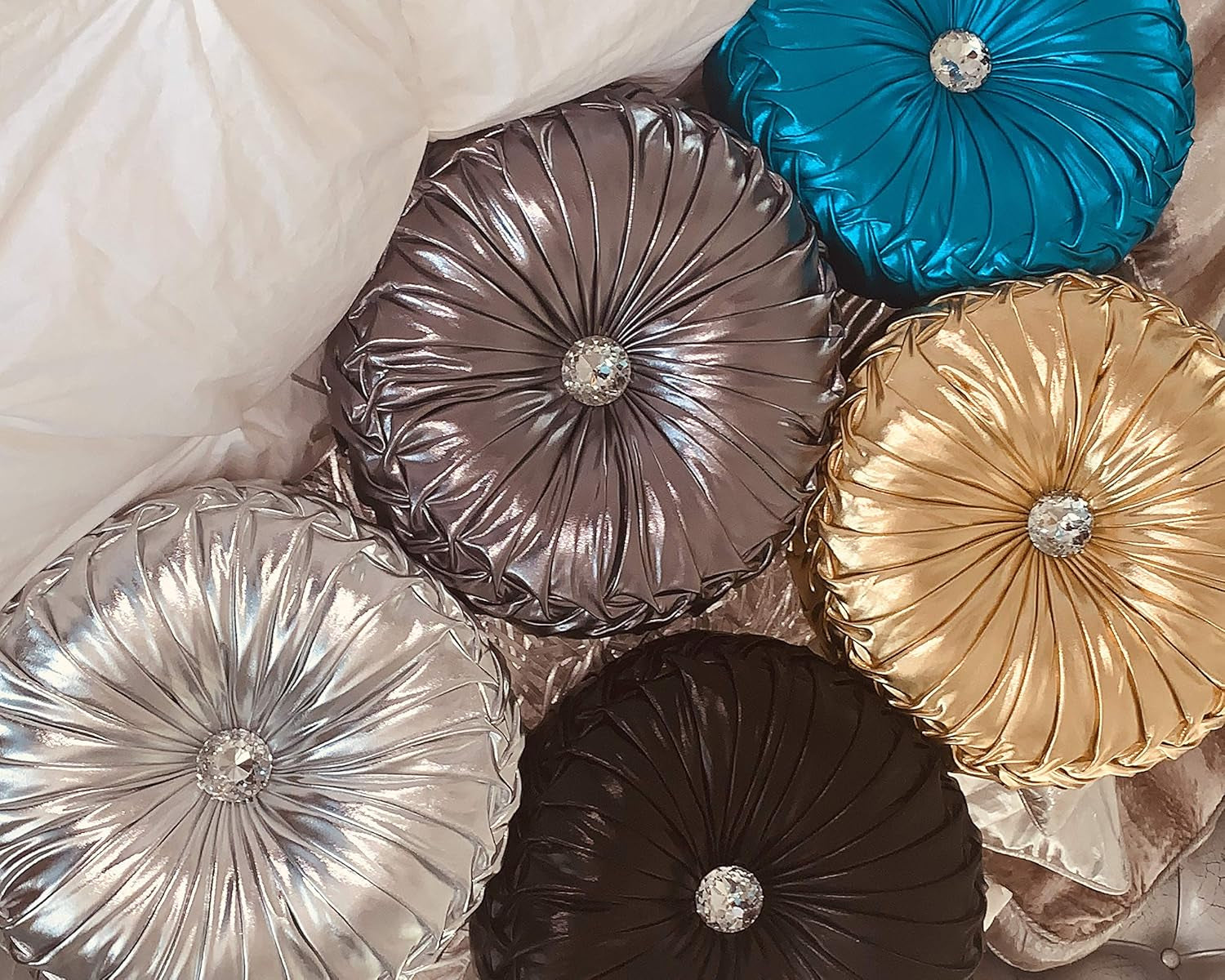 Tresshouse European round Throw Pillows, Soft Spandex Fabric Pumpkin Pleated Handmade Metallic Accent Circle Insert Cushion Diamond to Enhance for Sofa Bedroom Livingroom Couch Cover Chair Gold