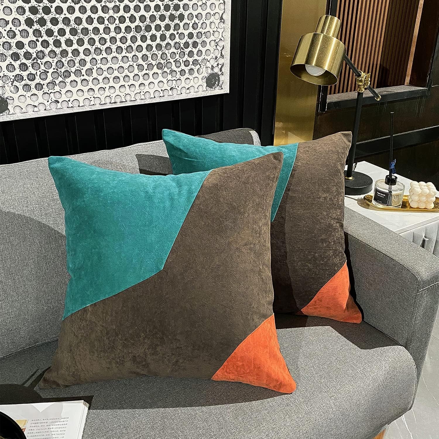 Teal Brown Orange Throw Pillow Covers 18 X 18 Inches Luxury Modern Patchwork Velvet Decorative Pillows for Couch Living Room Bedroom (Teal Brown Orange)