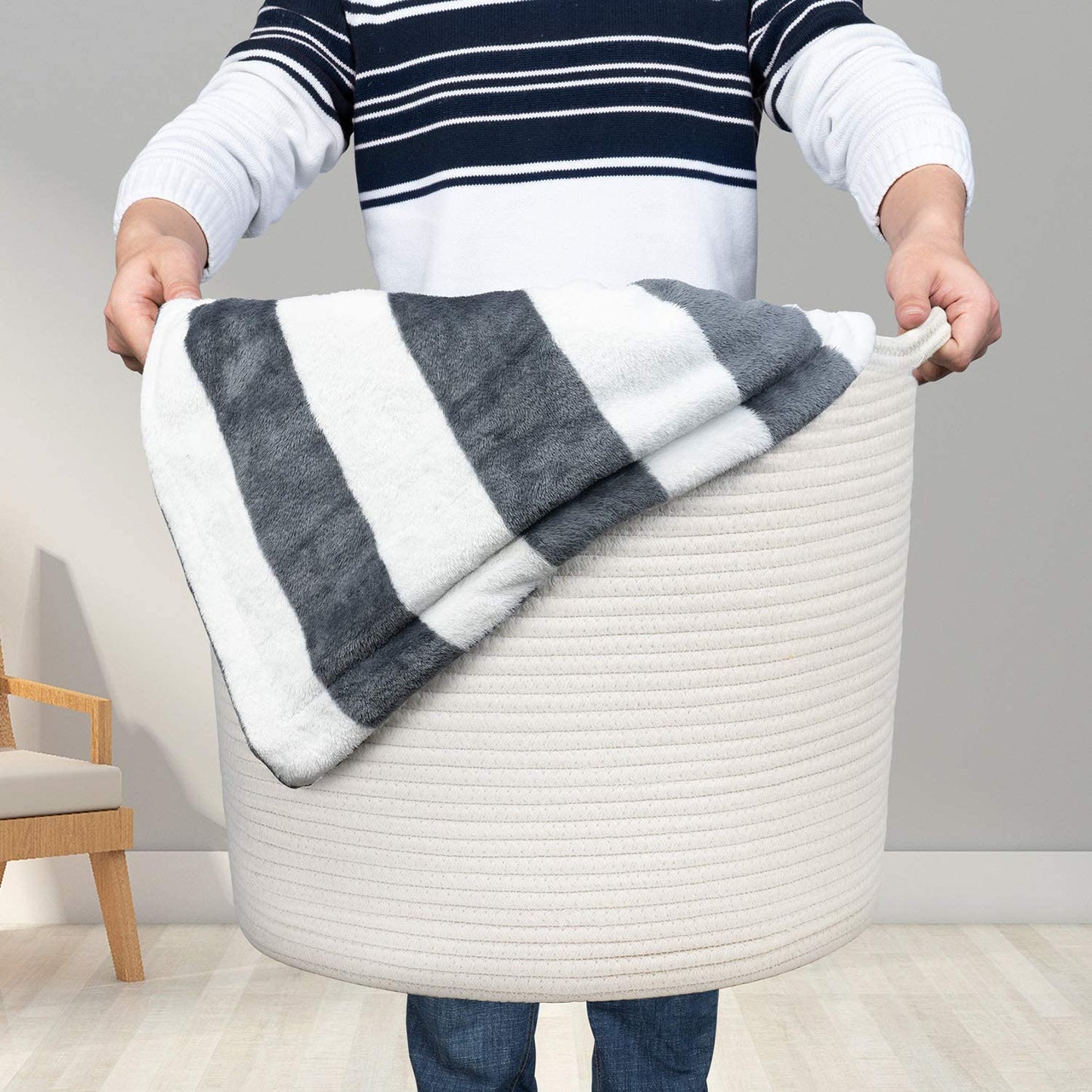 Rope Baskets 17"X17"X15" Large Storage Baskets,Woven Nursery Bins,Cotton Baskets,,White Basket,Blanket Storage Baskets,Off White