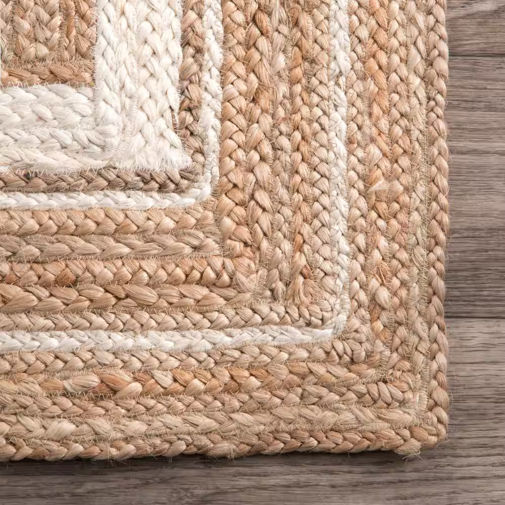 Rikki Braided Border Jute Off-White 8 Ft. Farmhouse round Living Room/Bedroom/Dining Room Area Rug