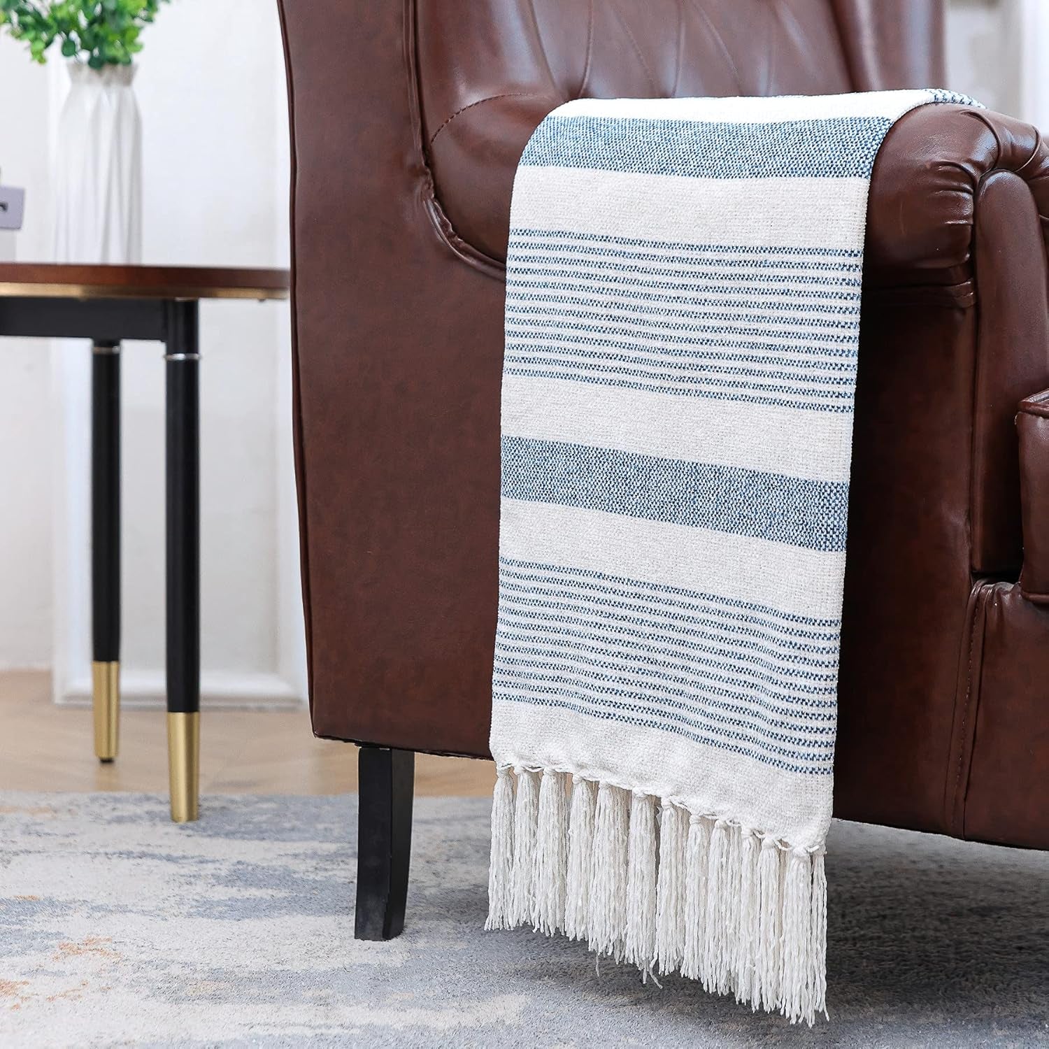 Decorative Blue White Striped Throw with Fringe, Soft Chenille Knitted Farmhouse Lightweight Blanket with Tassels for Couch Sofa Chair Bed Office Home Décor, Blue and Ivory, 50" X 60"