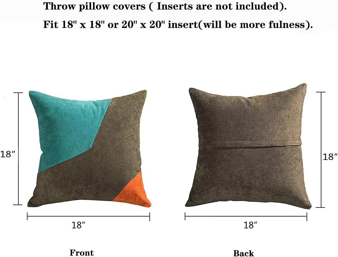 Teal Brown Orange Throw Pillow Covers 18 X 18 Inches Luxury Modern Patchwork Velvet Decorative Pillows for Couch Living Room Bedroom (Teal Brown Orange)