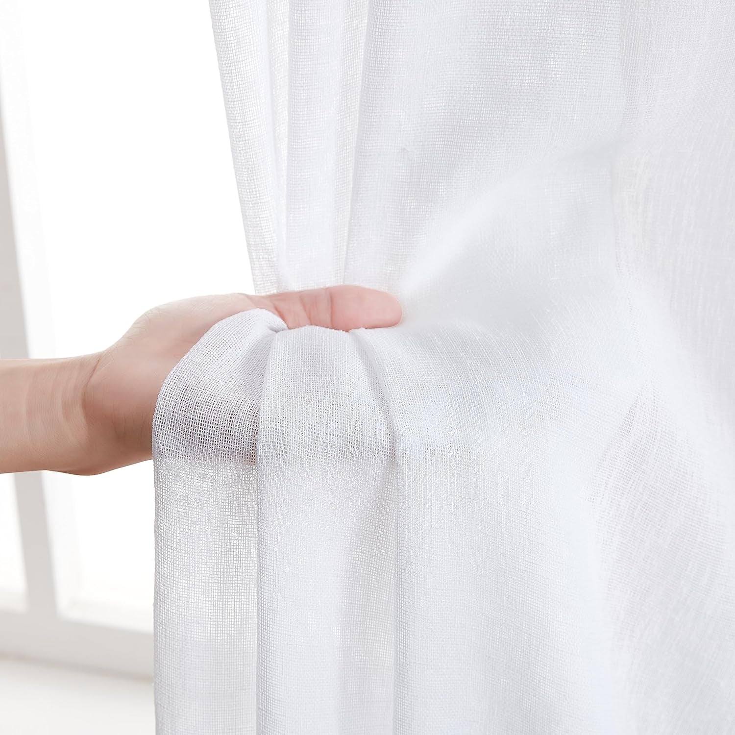 Penelope Faux Linen Textured Semi Sheer Privacy Sun Light Filtering Transparent Window Pocket Hole Thick Curtains Drapery Panels for Bedroom & Short Windows, 2 Panels (54 W X 54 L, White)