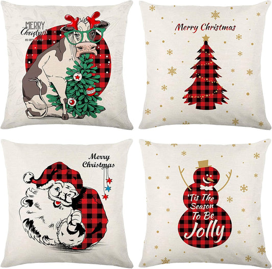 Set of 4 Christmas Pillow Covers 18X18 Throw Pillow Covers Decorative Cushion Covers Sofa Pillows Case Christmas Decorations Home Decor (Xmas-White15, Linen)