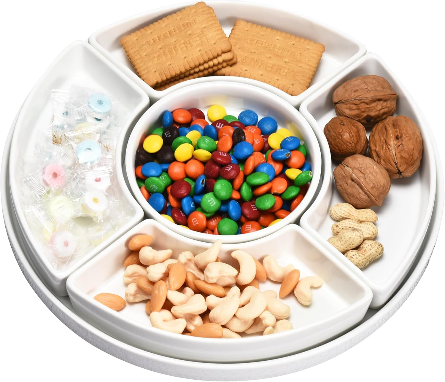 5 Sectional Porcelain Divided Serving Platter - Relish Tray for Chips and Dip, Sweets, and Appetizers - Divided Serving Dishes for Veggies, Candy and Snacks - Condiment Tray Bowls