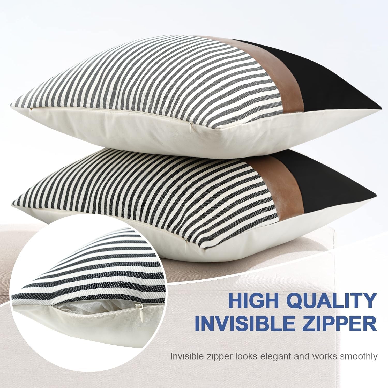 Set of 2 Farmhouse Decor Stripe Patchwork Black Linen Throw Pillow Covers,Modern Tan Faux Leather Accent Pillow Covers 18X18 Inch,Navy Blue Stripe