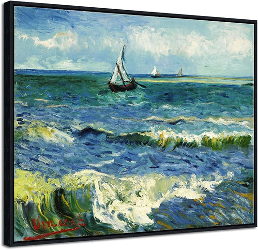 Framed Art Prints Seascape at Saintes Maries by Vincent Van Gogh Modern Canvas Prints Sea Pictures on Canvas Wall Art for Living Room Home Decorations Black Frame
