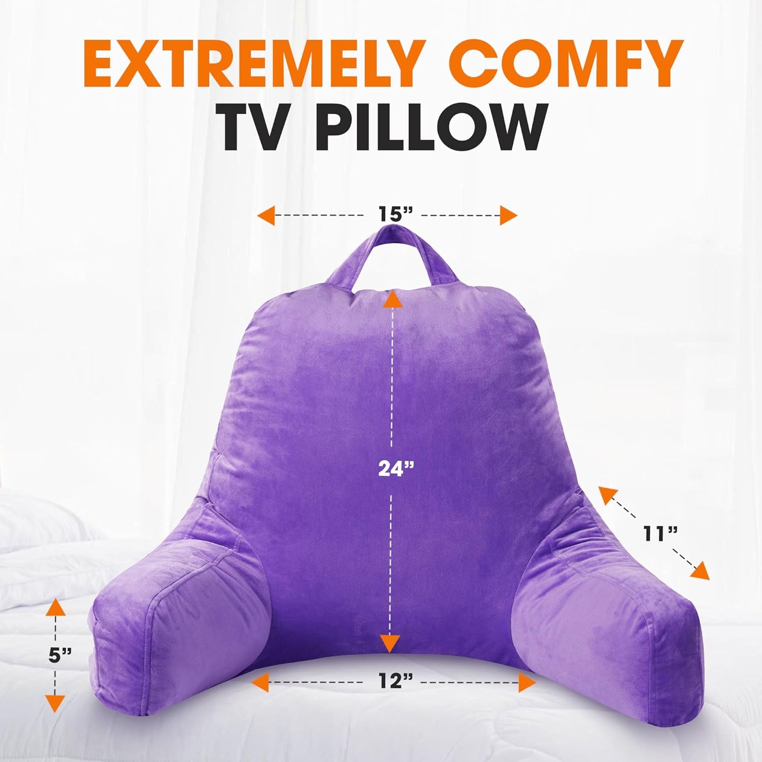 Reading Pillow with Arms – Portable Bed Pillow for Sitting up & Support, Foam-Filled Back Rest Pillow for Sitting in Bed & Couch, Machine Washable Purple (Large)