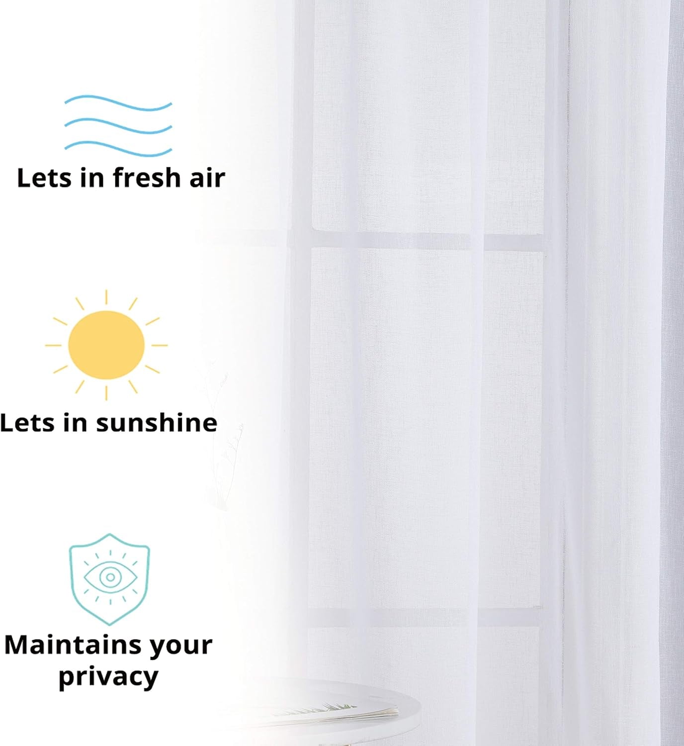 Penelope Faux Linen Textured Semi Sheer Privacy Sun Light Filtering Transparent Window Pocket Hole Thick Curtains Drapery Panels for Bedroom & Short Windows, 2 Panels (54 W X 54 L, White)