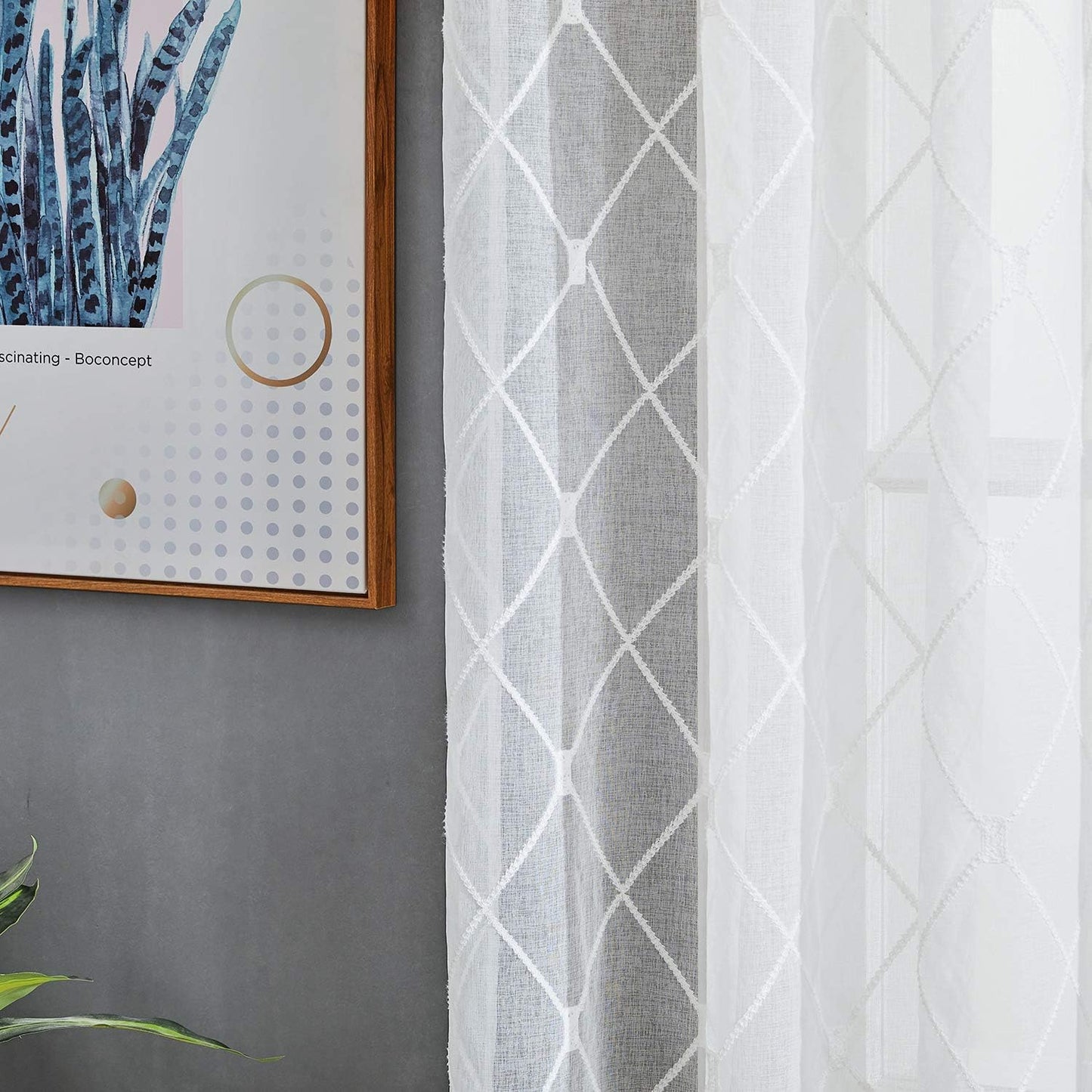 l White Sheer Curtains 63 Inch Length Embroidered Diamond Grommet Window Curtains for Living Room Bedroom, 2 Panels