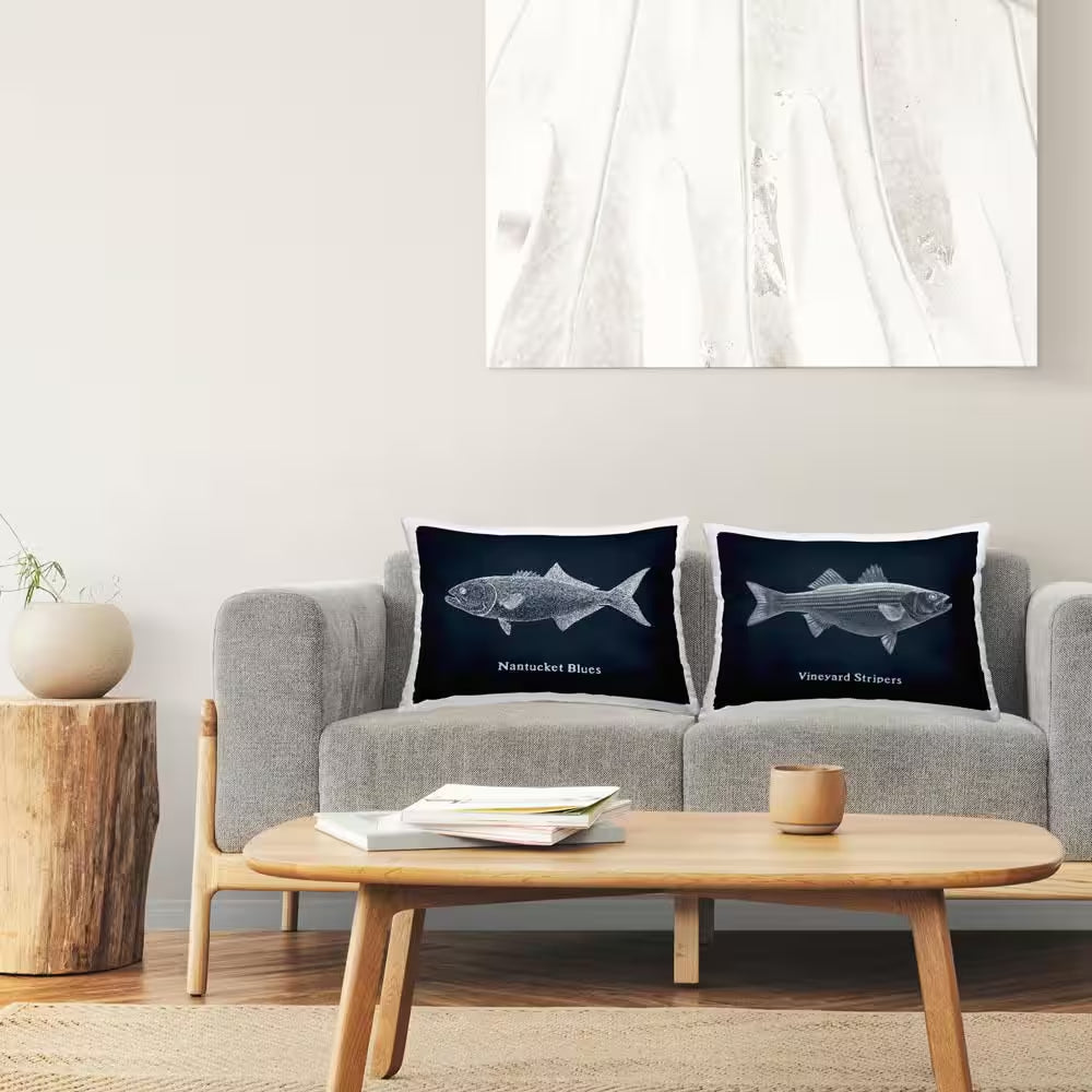 Coastal Fish on Navy Blue Black Print Polyester 14 In. X 20 In. Throw Pillow Set of 2