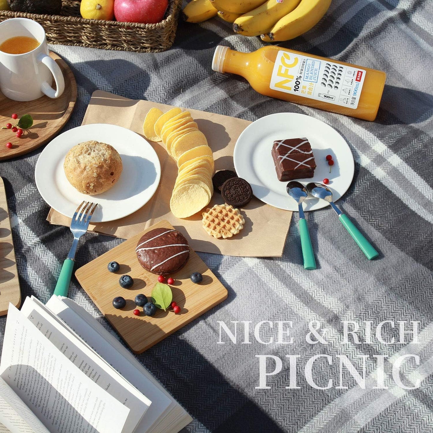 Waterproof Picnic Blanket, 60X80Inch Extra Large Foldable Rug with Luxury PU Leather Carrier, Portable Sandproof Picnic Mat for Hiking Camping.Grey Check