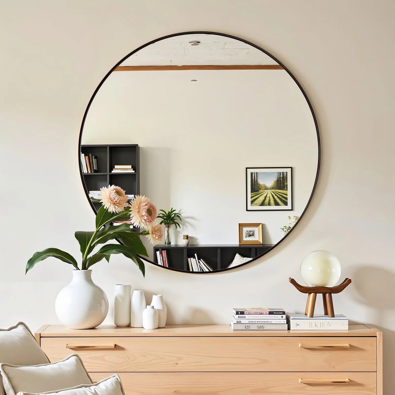 Wall Mirror, 20 Inch round Circle Vanity Mirror for Living Room, Bedroom, Rustic, Black Metal Frame